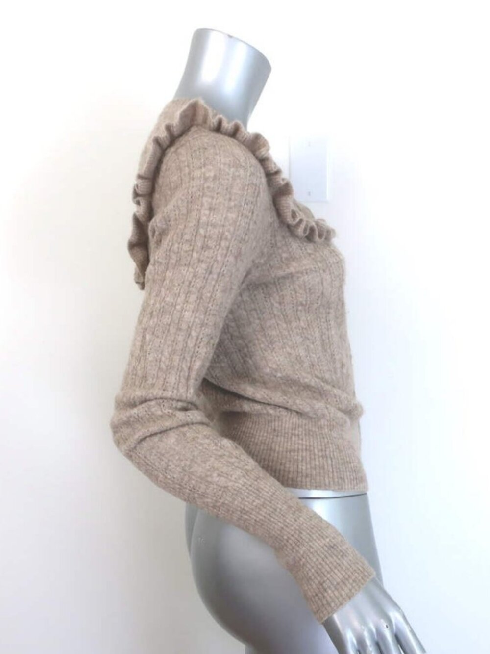 Doen Altheda Ruffled Pointelle Cardigan Oatmeal Alpaca-Wool Size Extra Small - Picture 4 of 8